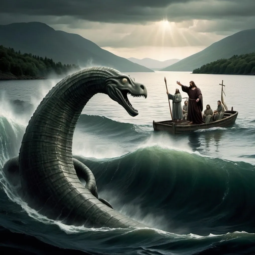 Prompt: Jesus is defeated The Loch Ness Monster above the sea