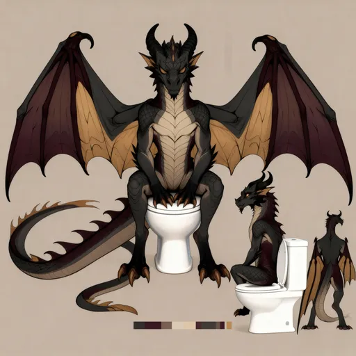 Prompt: A dragon is having a stomachache while it sit on the toilet. It close it eyes as it in serious emotion. [ NOTE : Dragon must be excact same as refernce, same color, same height scale !