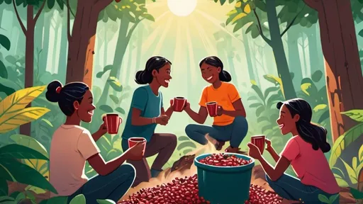 Prompt: Image Description: A cartoon illustration of a diverse group of people joyfully harvesting coffee cherries in a lush, sun-dappled forest. Some are picking cherries from the branches, others are carefully sorting them, and a few are excitedly brewing coffee over a campfire. The scene is filled with vibrant colors and playful details, capturing the spirit of community and the passion for coffee.

