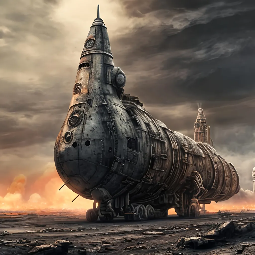 Prompt: HD Hyper Realistic Dystopian Style Rocket Ship in a nuclear wasteland
 