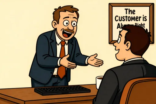 Prompt: Remove the signs on the wall and just have one that says, "The Customer is Always Right"