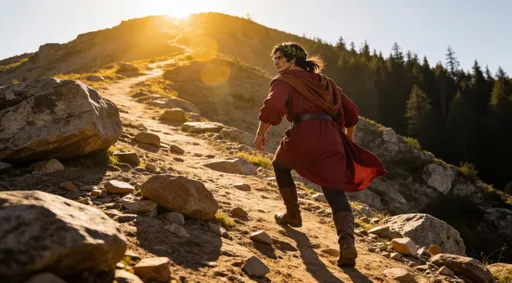 Prompt: Ultra-realistic, photorealistic 8K scene from Dante's Inferno Canto I: Dante the Pilgrim (35-year-old lean man, olive Mediterranean skin, thick wavy dark brown shoulder-length hair tied loosely back, deep hazel eyes bright with tentative hope, sharp aquiline nose, high cheekbones, angular face, clean-shaven with faint stubble, wearing rich crimson-red woolen tunic/gown with wide flowing sleeves and draped folds, cinched at waist with dark brown leather cord belt, short reddish-brown mantle/cloak draped over shoulders, dark brown hose, sturdy brown leather ankle boots, green laurel wreath on head) climbing the rocky hillside alone, large boulders and loose stones scattered across the slope, golden sunlight bathing the path ahead from just above the summit.
The forest is now far behind him, dark and receding into the distance. The hill rises gently, open and promising, with warm light catching on the rocks and Dante’s crimson tunic. He moves with steady determination, one hand resting lightly on a boulder for balance, face turned upward toward the light, expression of cautious optimism. Camera medium-wide shot from slightly below and behind, showing his full figure ascending the slope, golden rays creating soft lens flare and long gentle shadows, high detail on rock textures, clothing folds, hair movement in light breeze, professional hopeful ascent composition, hyper-realistic, photoreal, ultra HD, 8k.