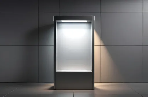 Prompt: photorealistic close-up, (vivid detail) of a vertical light box kiosk, positioned dramatically against a (cool, muted) grey empty wall, warm sunlight casting soft shadows across the wall, emphasizing the angles and features of the kiosk, creating a clean and modern aesthetic, (HD quality) capturing the interplay of light and shadow beautifully.