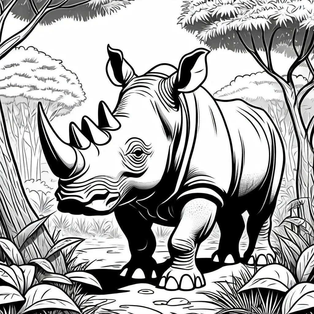 Prompt: cartoon of a rhino in the bush for kids to color in - black and white 

