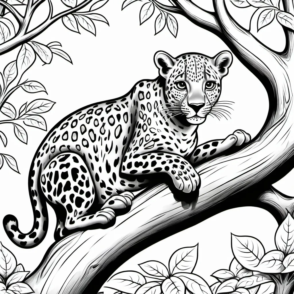 Prompt: cartoon of a leopard in a tree for kids to color in 


