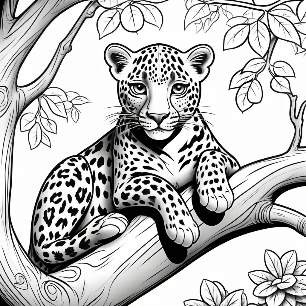 Prompt: cartoon of a leopard resting in a tree for kids to color in - line drawing


