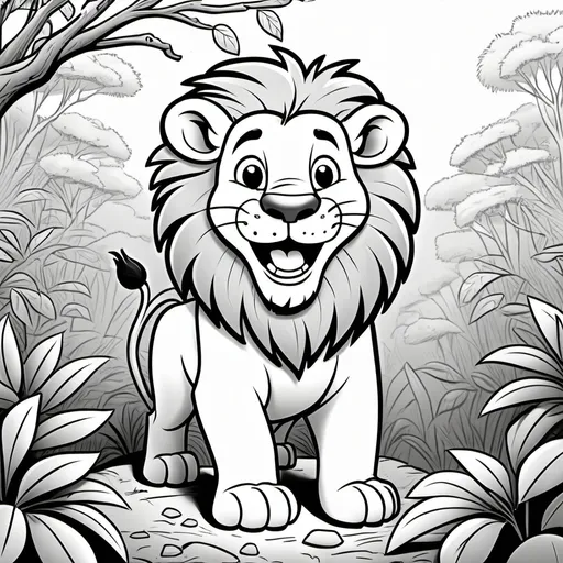 Prompt: cartoon of a happy Lion in the bush - black and white

