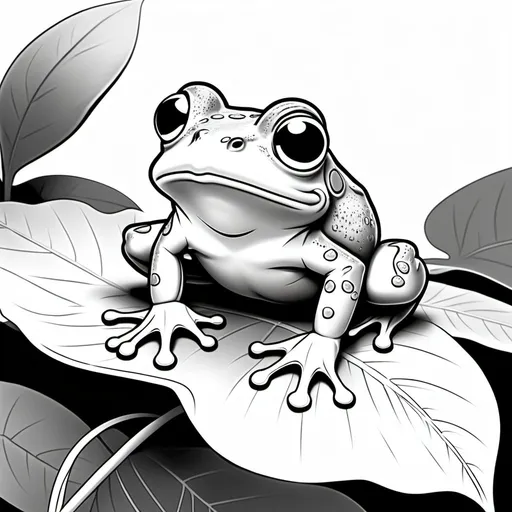 Prompt: Cartoon of a frog on a leaf for kids to color in - black and white with no shading


