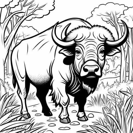 Prompt: cartoon of a buffalo in the bush for kids to color in 


