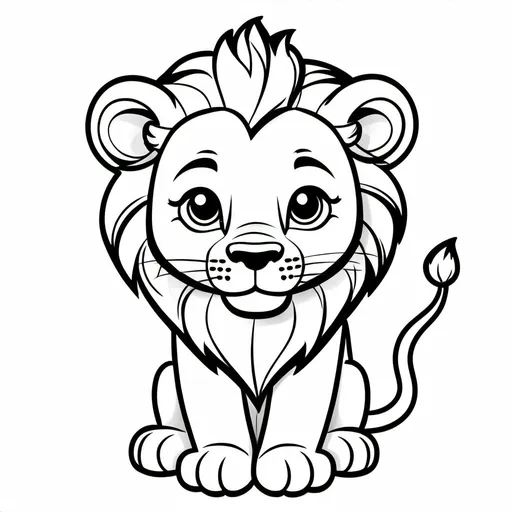 Prompt: Cartoon of a cute lion for kids to color in - black and white

