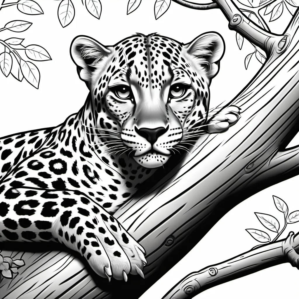Prompt: cartoon of a leopard resting in a tree for kids to color in - no shading


