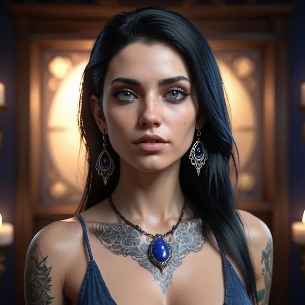 Prompt: 
Extremely beautiful with long silky black hair standing in front of a solid  lapis bcolored monotoned background, dark eyes,  silver earrings, tattooed skin, sophisticated tattoos,  in the style of enchanting realms, darkerrorcore, intense gaze, back lighting, Ethereal, 8k high quality, UHD, HDR, trending on artstation, cgsociety, octane render, unreal engine, global illumination, radiant light, god rays, volumetric lighting, subsurface scattering, highly detailed, sharp focus, lpainting, smooth