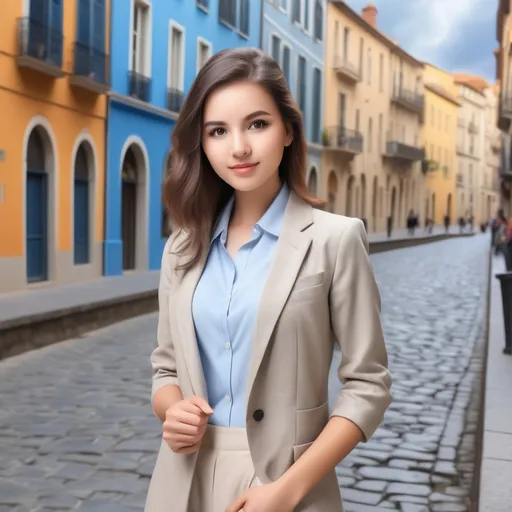 Prompt: Transform the background of a photo into a beautiful work environment and change clothes in the photo.


