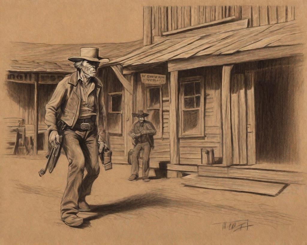 Prompt: A rough charcoal drawing of an old woman, drawn on brown paper, Clint Eastwood old western shoot out, in front of a saloon, one guy stumbles from being shot.
