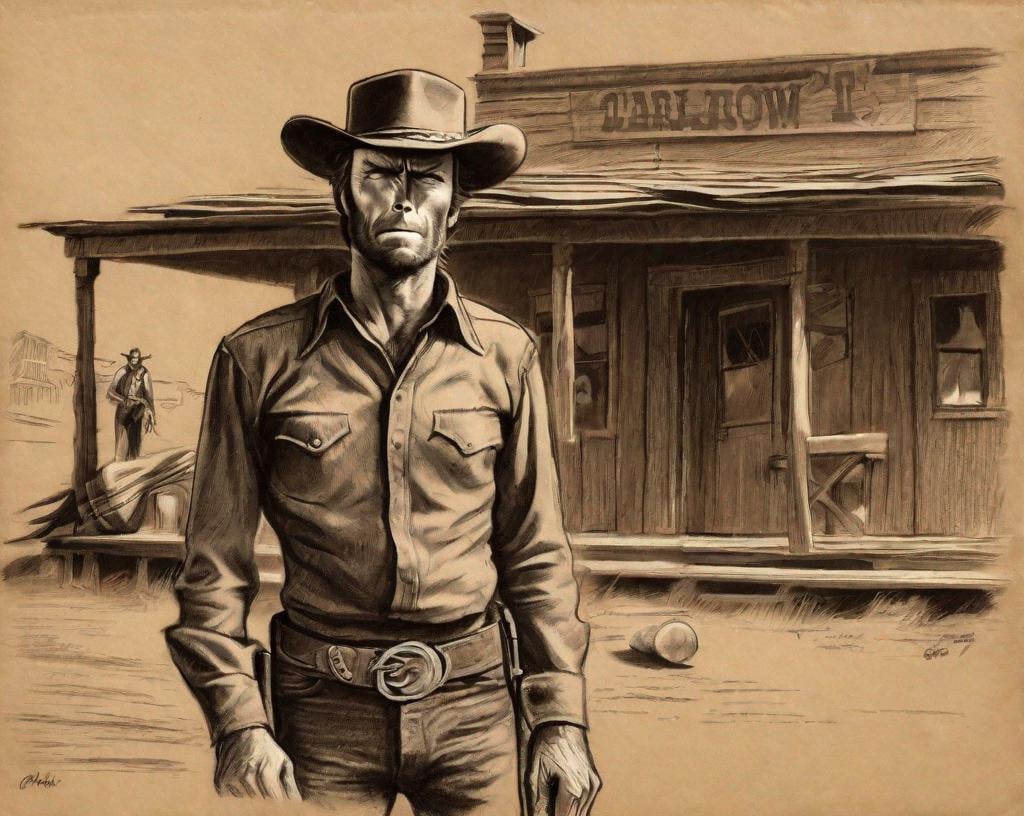 Prompt: A rough charcoal, drawn on brown paper, Clint Eastwood old western shoot out, in front of a saloon, one guy stumbles from being shot.
