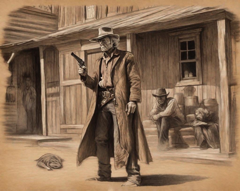 Prompt: A rough charcoal drawing of an old woman, drawn on brown paper, Clint Eastwood old western shoot out, in front of a saloon, one guy stumbles from being shot.
