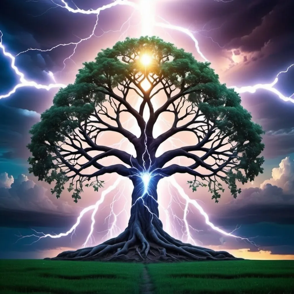 Prompt: miraculous tree of life love and universal destiny worldy lightning strike of alien being
