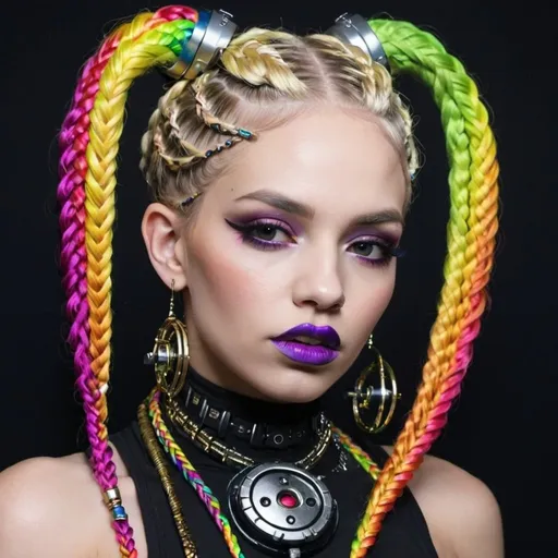 Prompt: Blonde rainbow micro braided hair full lips cyber punk with sedusa adornment
