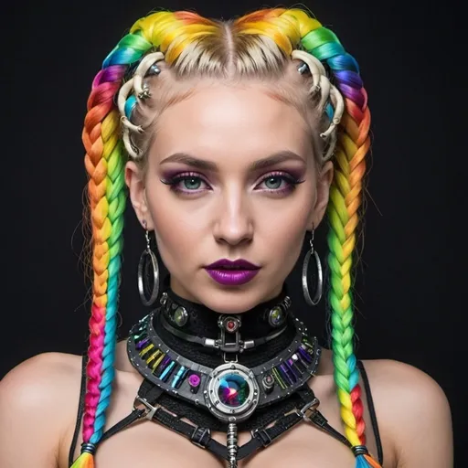 Prompt: Blonde rainbow micro braided hair revealing extra large cleavage cyber punk sedusa adornment