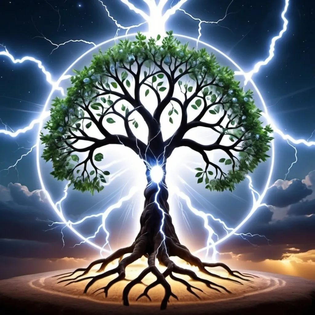 Prompt: miraculous tree of life love and universal destiny worldy lightning
