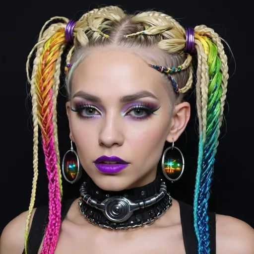 Prompt: Blonde rainbow micro braided hair full lips cyber punk with sedusa adornment
