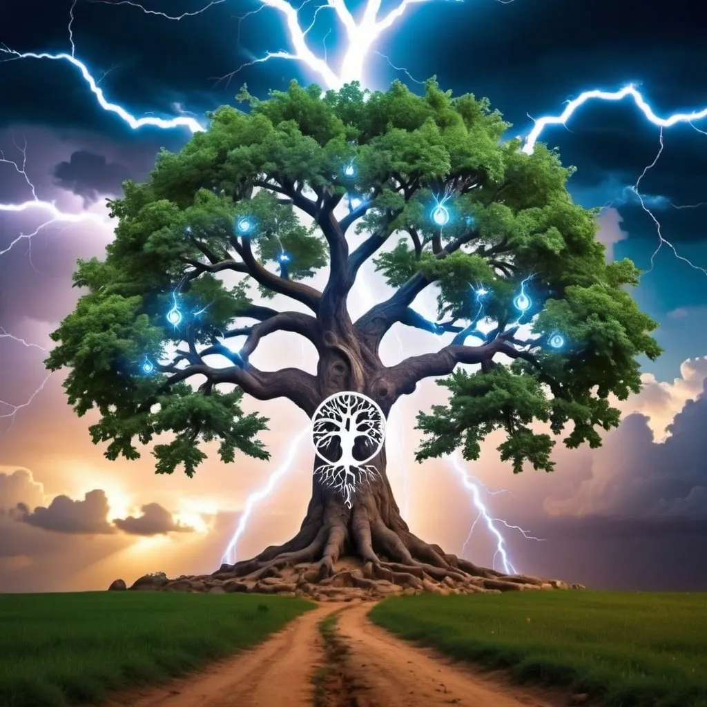 Prompt: miraculous tree of life love and universal destiny worldy lightning
