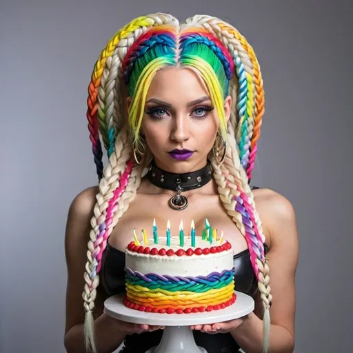 Prompt: Blonde rainbow micro braided hair revealing extra large cleavage cyber punk birthday cake sedusa adornment