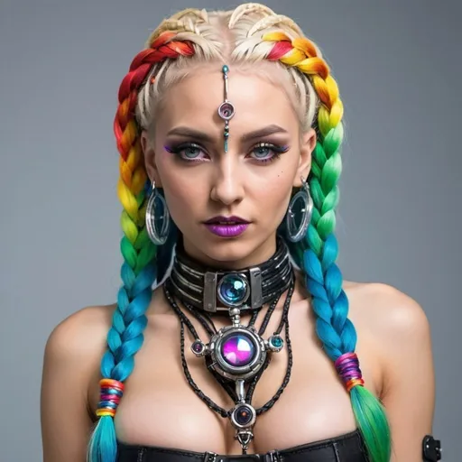 Prompt: Blonde rainbow micro braided hair revealing extra large cleavage cyber punk sedusa adornment