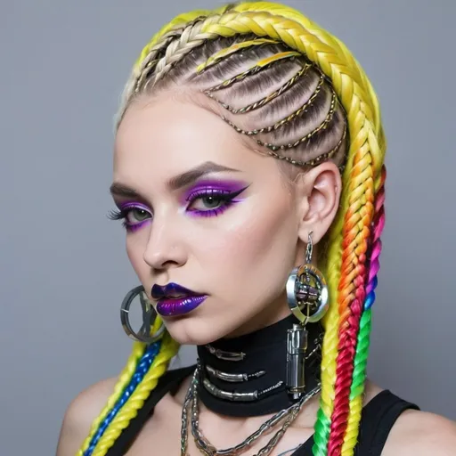 Prompt: Blonde rainbow micro braided hair full lips cyber punk with sedusa adornment
