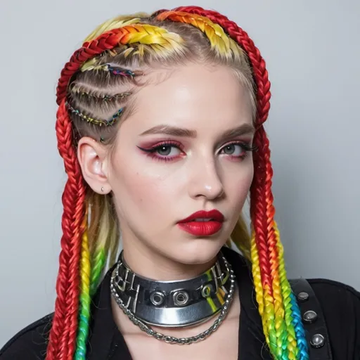 Prompt: Blonde rainbow micro braided hair full red lips cyber punk sedusa adornment
