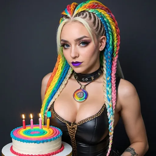 Prompt: Blonde rainbow micro braided hair revealing extra large cleavage cyber punk birthday cake sedusa adornment