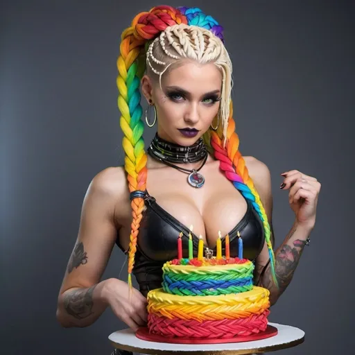 Prompt: Blonde rainbow micro braided hair revealing extra large cleavage cyber punk birthday cake sedusa adornment