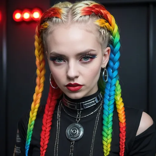 Prompt: Blonde rainbow micro braided hair full red lips cyber punk sedusa adornment
