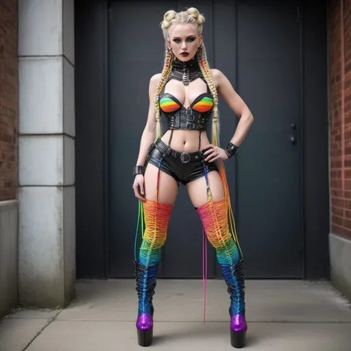 Prompt: Blonde rainbow micro braided hair revealing extra large cleavage cyber punk with matching thigh heel boots sedusa adornment