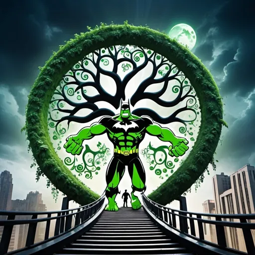 Prompt: An emotional roller coaster Incredible Hulk Batman miraculous tree of life love and reality techno
