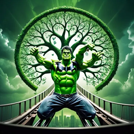 Prompt: An emotional roller coaster Incredible Hulk Batman miraculous tree of life love and reality techno
