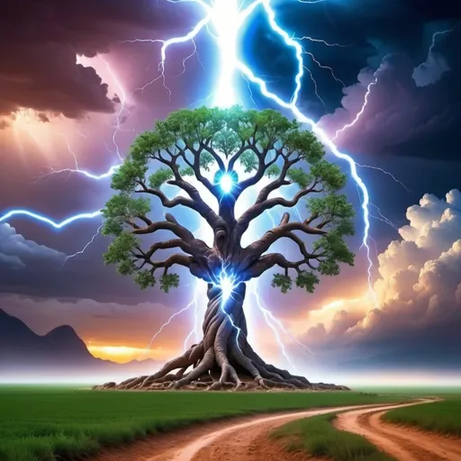 Prompt: miraculous tree of life love and universal destiny worldy lightning strike alien being
