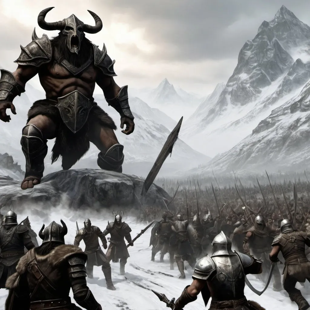 Prompt: A huge and epic Skyrim battle between the stormcloaks and the empire