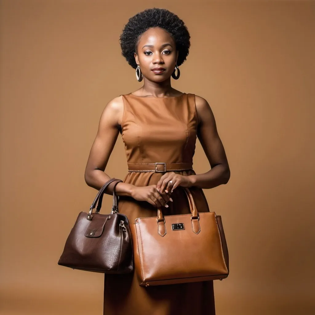 Prompt: a woman in a brown dress is posing for a picture with a handbag and purse in her hand, Chinwe Chukwuogo-Roy, lyco art, brown skin, a photocopy
