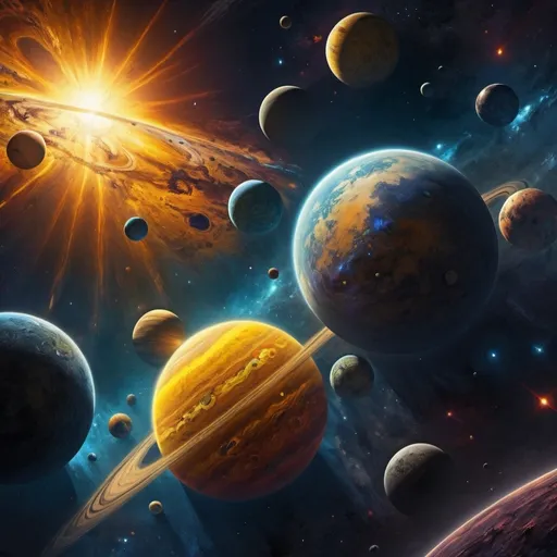 Prompt: (realism style), vibrant color scheme, (high definition) space scene, multiple planets with intricate textures and details, glowing sun radiating brilliant light, stunning celestial backgrounds, deep cosmic blues and bright yellows, stars speckled throughout the dark expanse, emphasizing the vastness of the universe, ultra-detailed, breathtaking visual depth, perfect for showcasing the beauty of outer space.