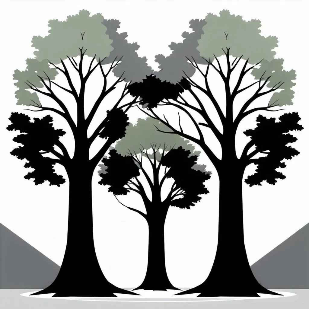 Prompt: Two identical large trees with one smaller similar tree in the middle, professional, clean and crisp, muted gray tones, logo
