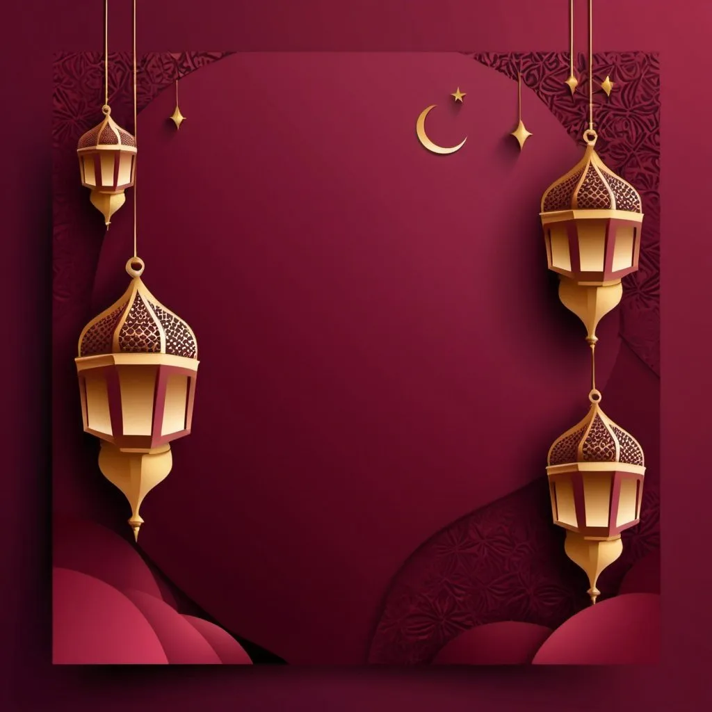 Prompt: Ramadan mini lantern abstract maroon background  invitation card