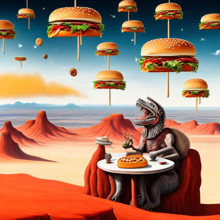 Prompt: A surreal painted desert landscape featuring a prehistoric tyrannosaurus rex seated at a table eating a hamburger.