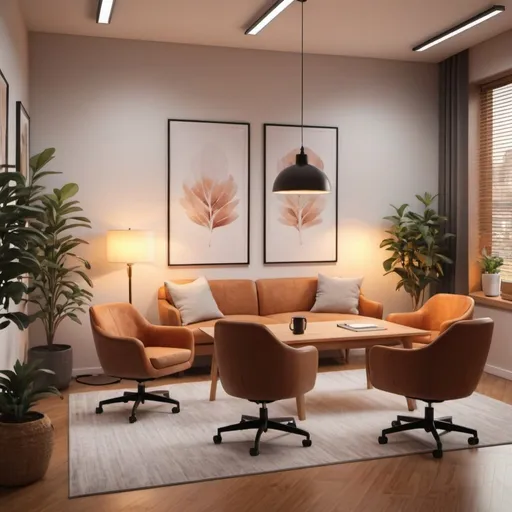 Prompt: Warm and inviting image of a cozy virtual office with soft lighting and comfy chairs