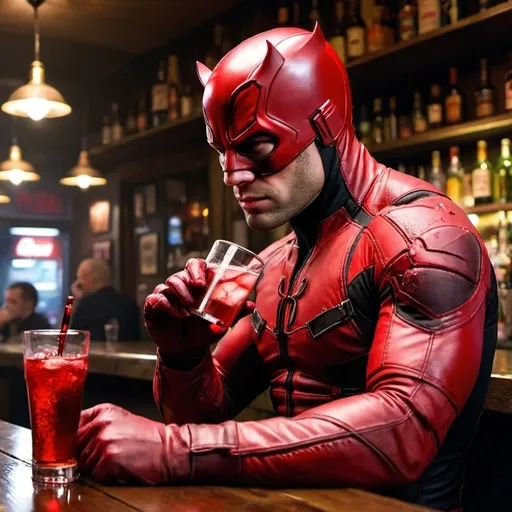 Prompt: daredevil drinking at a bar after a bloody fight, add more blood and tears on costume

