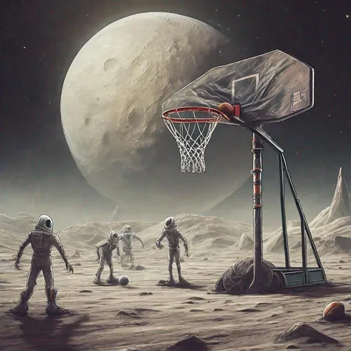 Prompt: play basketball on the moon against an alien
