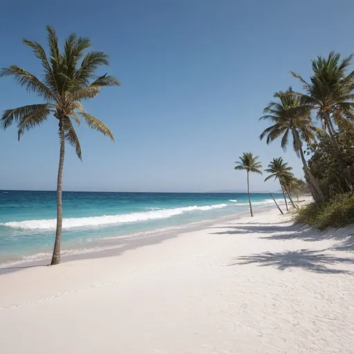 Prompt: A beach with palm trees and white sand. Waves of the blue sea are coming onto the beach.