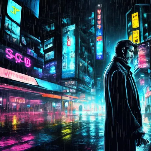 Prompt: detective in a raining neon city