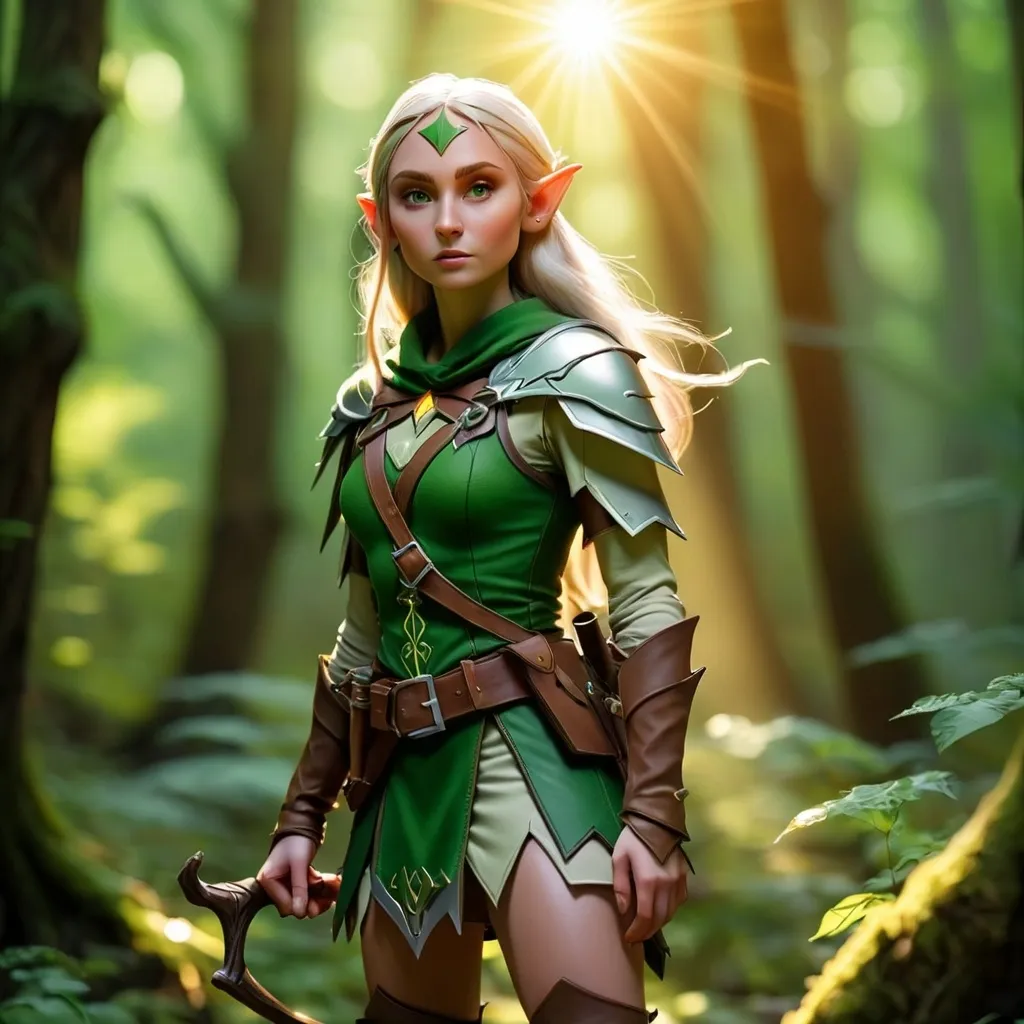 Prompt: Elf ranger in a mystical forest around sunlight