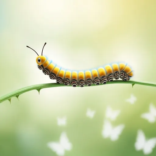 Prompt: a caterpillar becoming a butterfly; calm bright background